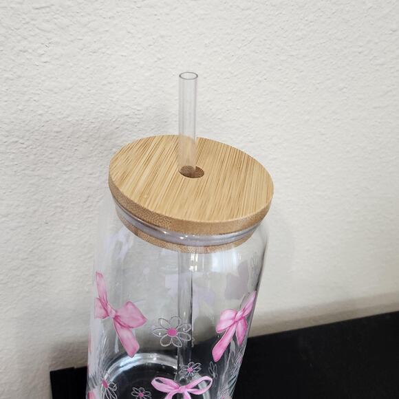 Coquette Pink Bow Daisy Flowers 20 oz Glass Tumbler Cup Girly Cute Coffee Matcha - Picture 4 of 5